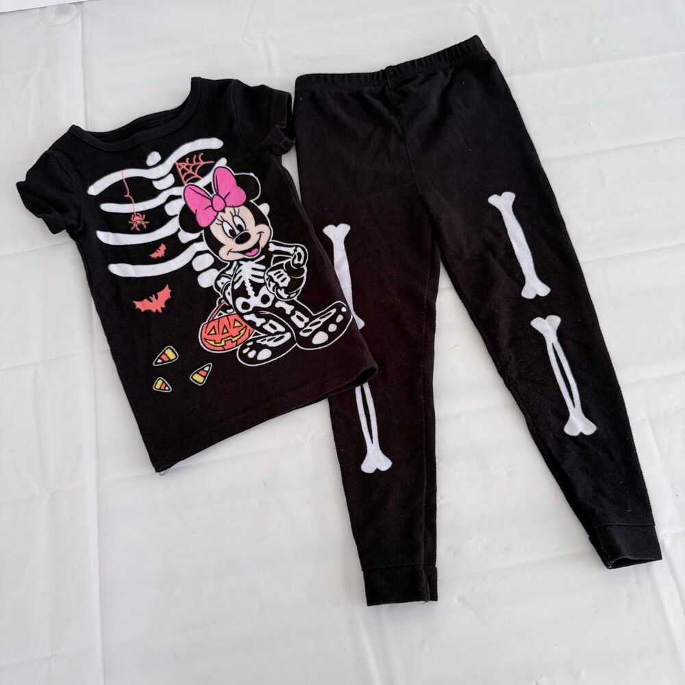 Disney Minnie Mouse Toddler 3T Pajamas 2pc Snug Fit Pjs Halloween Skeleton